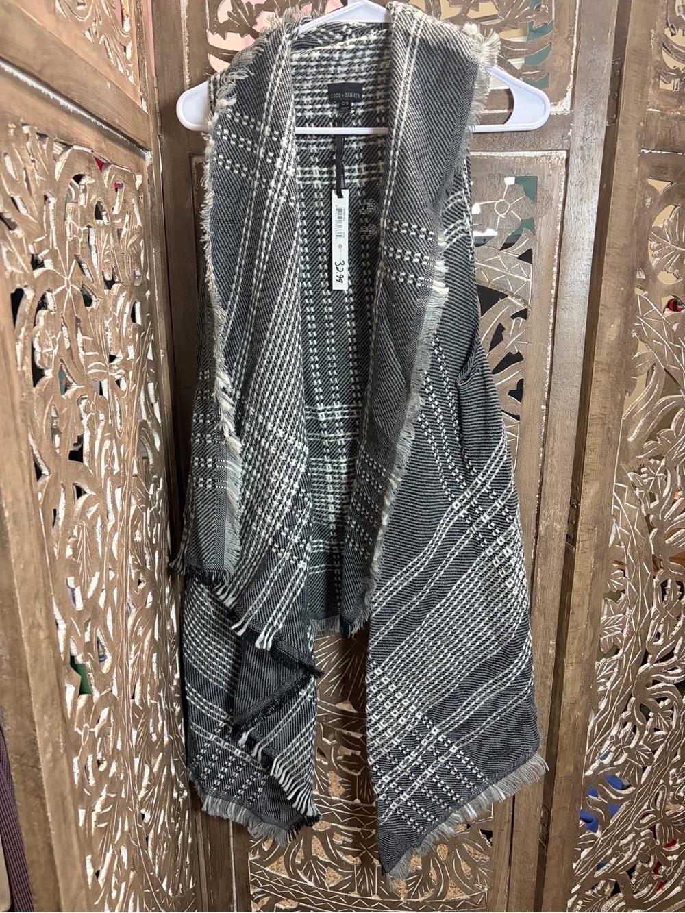 Nwt Coco + Carmen Black & White Plaid Fringe Shawl Cardigan - Picture 2 of 5